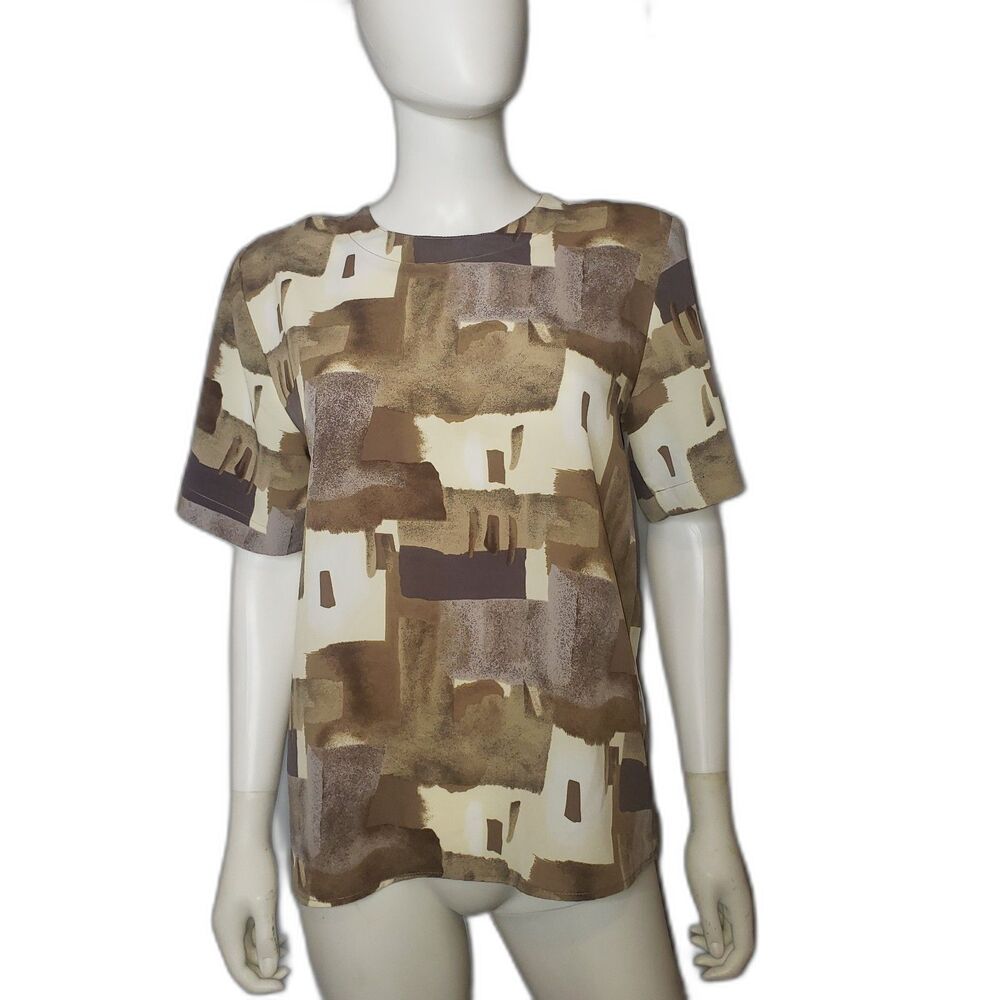 KATHY CHE Short Sleeves Abstract Houses Print Top Blouse Womens Size Small